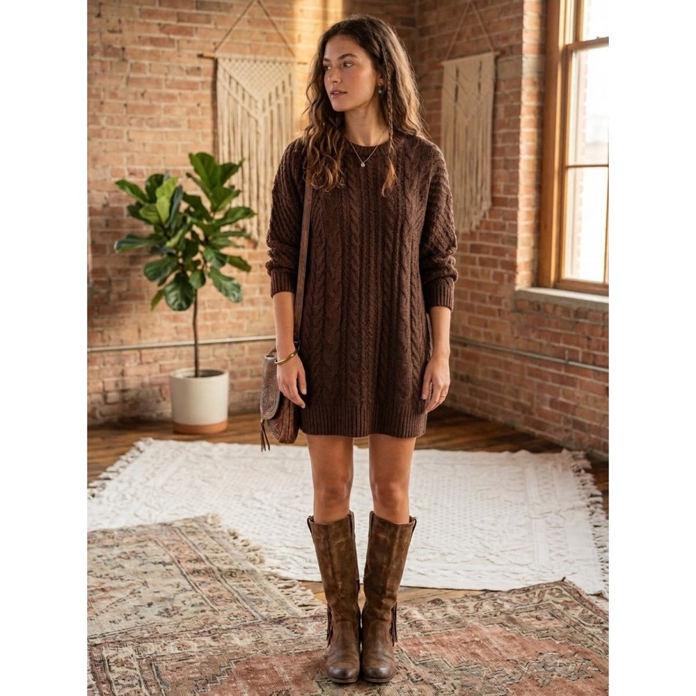 Natural Life Brown Fisherman Cable Knit Chunky Tunic Sweater Dress M Boho Earthy